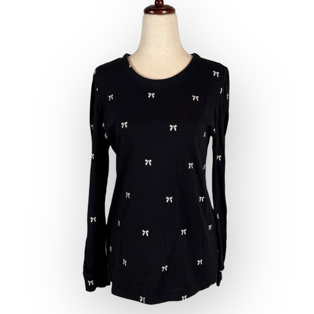 Charter Club Women's Supima Cotton Bow-Print Top Deep Black Small